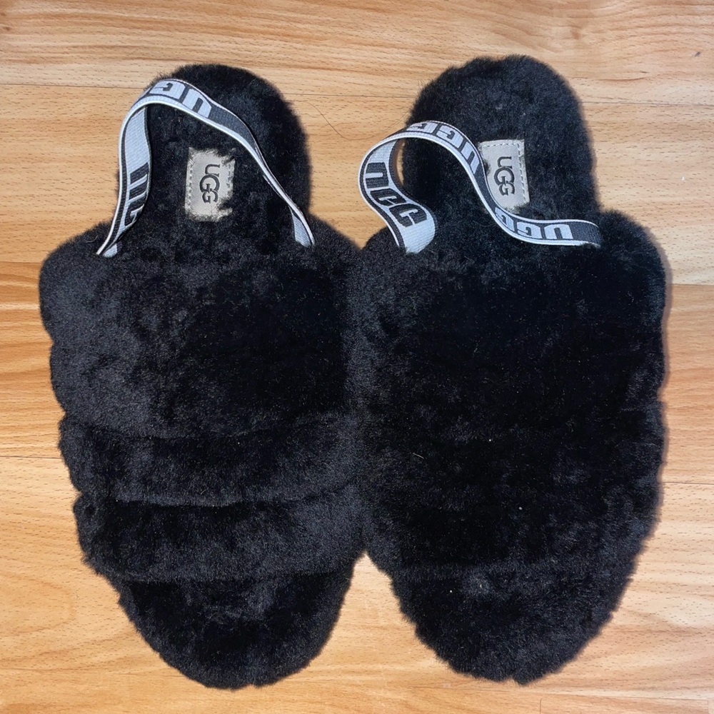 UGG Black Fluffy Slide Sandals